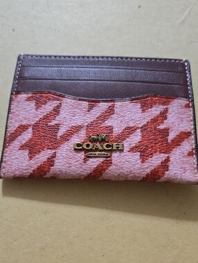 Coach Pink & Red Houndstooth Card Holder with Gold Logo